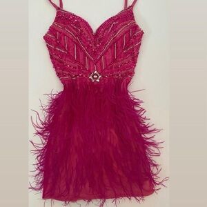 Fuchsia Beaded Feather Mini Dress